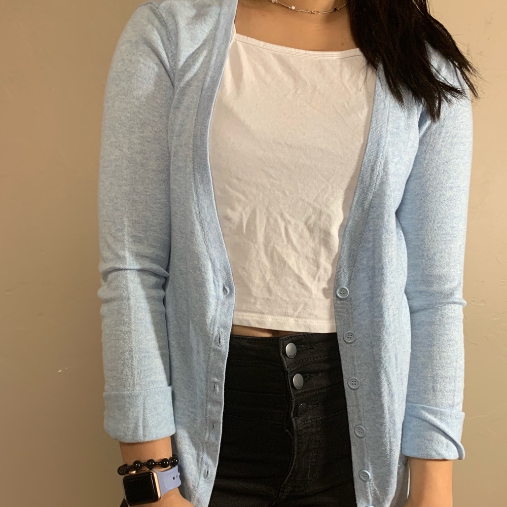 blue cardigan